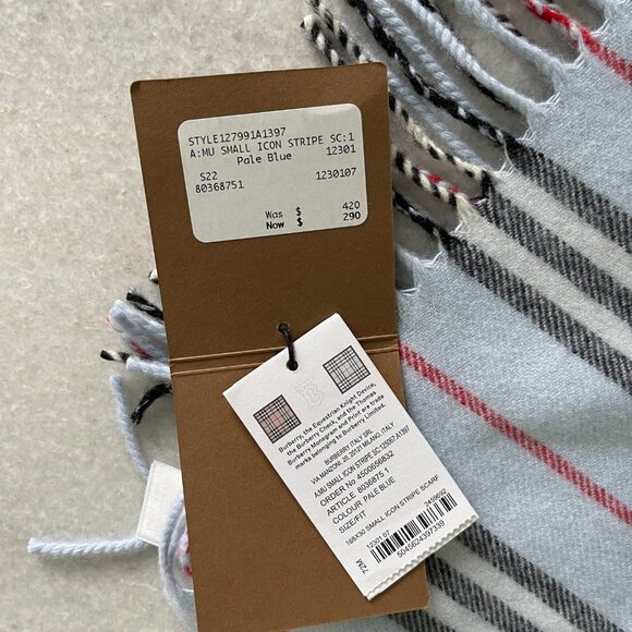 Burberry Small Icon Pale Blue Strip[ed Scarf Cashmere & Wool Silk, 168cm X 30cm - Picture 9 of 9